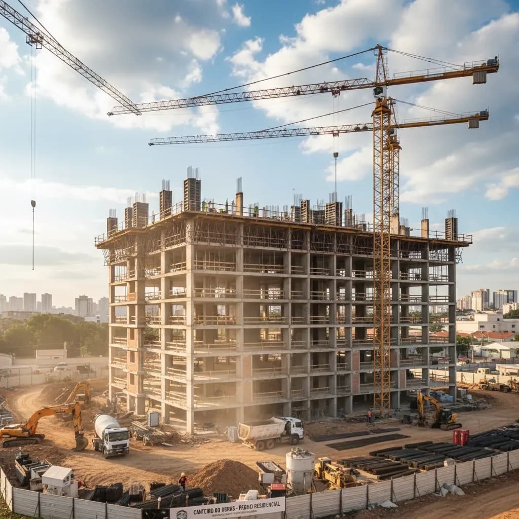 Construtor e contador analisando documentos e gráficos de impostos em um canteiro de obras, simbolizando os desafios tributários da construção civil.